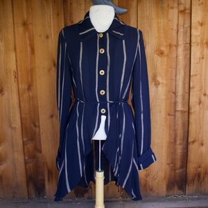 Catherine Bacon 100% Silk Blue & White Stripe Double Collar High Low Blouse XS